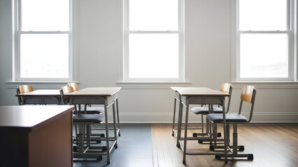 An empty classroom with desks and chairs arranged in rows