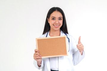 Medical Professional Approval: A smiling healthcare provider in a pristine coat, brandishing a blank sign, exudes confidence and offers a thumbs-up