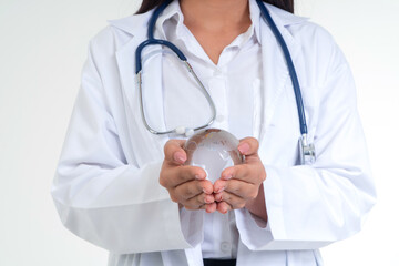 Healthcare Guardian: A caring medical professional cradles a globe, symbolizing global health and responsibility. conveying a message of care and protecting, the weight of a world.