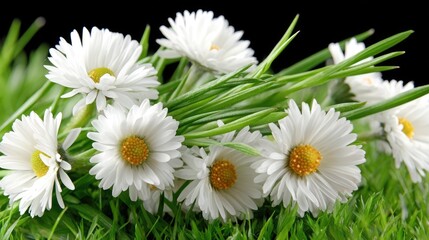 Beautiful spring daisies growing on green grass with black background in a clear and bright setting