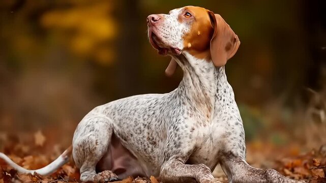 A pointer dog, with brown and white coat, lies among autumn leaves, gazing upwards