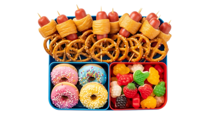 colorful party snacks in containers  donuts gummies pretzels hotdogs