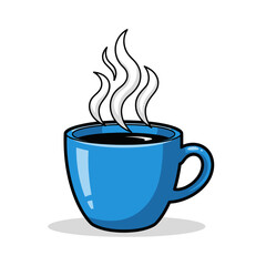 Steaming hot blue coffee cup on white background