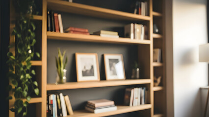 A blurred view of a wooden bookshelf with decorative items and books