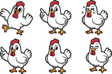 Cartoon chicken character set with expressive poses and emotions for farm, storytelling, and educational illustration themes.