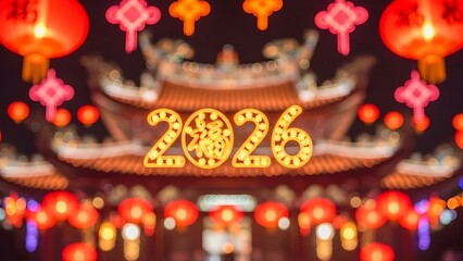 Vibrant 2026 new year celebration with traditional lanterns and decorations in a chinese temple at night