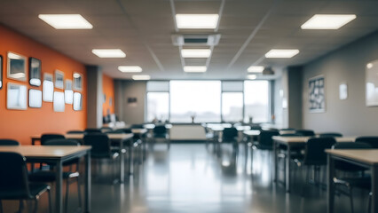 Empty classroom with tables and chairs in a modern school setting