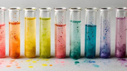 Colorful Test Tubes Filled With Liquids and Bubbles in a Science Experiment.