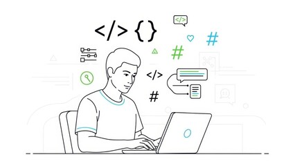 Young programmer coding on a laptop with abstract programming symbols and hashtags