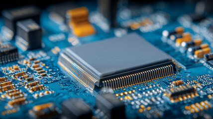 A detailed electronic microchip on a circuit board representing computational capability, technological advancement and the essential core of digital devices.
