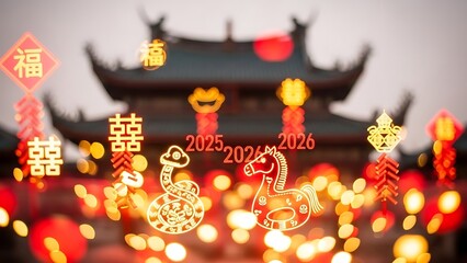 Chinese new year celebration with lanterns and decorations in front of traditional architecture, symbolizing good fortune and prosperity