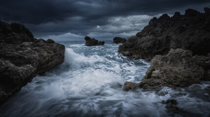Fototapeta premium Ocean waves crashing against coastal rocks with long exposure motion. travel magazines, destination branding, designed for outdoor magazines and nature guides.