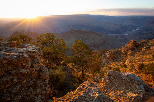 Autumn sunset hiking trail overlook in desert canyon