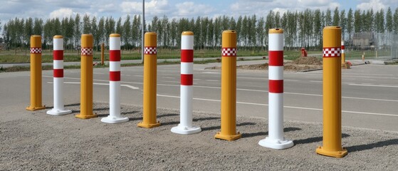 Traffic bollards mark construction zone on empty asphalt road with clear space for caution signs and directives