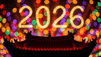 Vibrant 2026 light display with colorful bokeh lights and festive ambiance at night