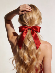 Romantic Valentine Hairstyle With Red Ribbon Bow
