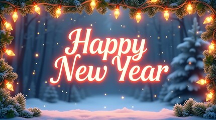 Happy New Year Celebration with Golden Garland Lights and Festive Winter Wonderland Border
