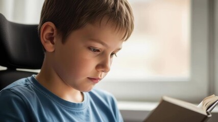 Thoughtful young boy reading a book indoors near a bright window, concentrating quietly in a comfortable modern home setting