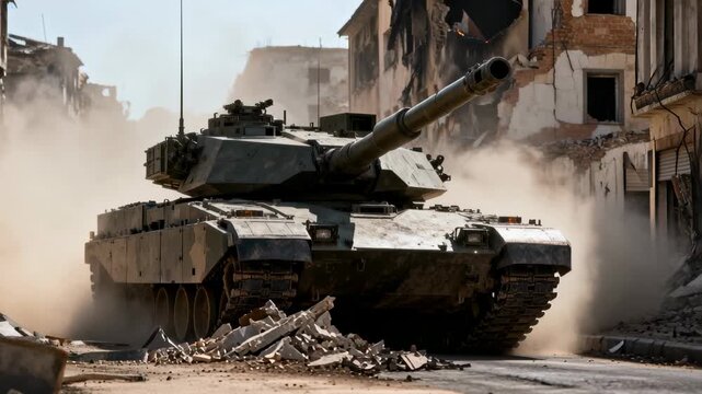 Armored battle tank advancing through war torn urban street amid smoke, debris, and destroyed buildings in intense modern combat