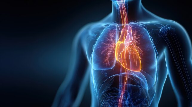Anatomical illustration of the human heart and lungs with glowing orange heart