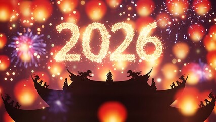 Fireworks explode in the night sky behind a chinese temple silhouette with 2026 sparkler text