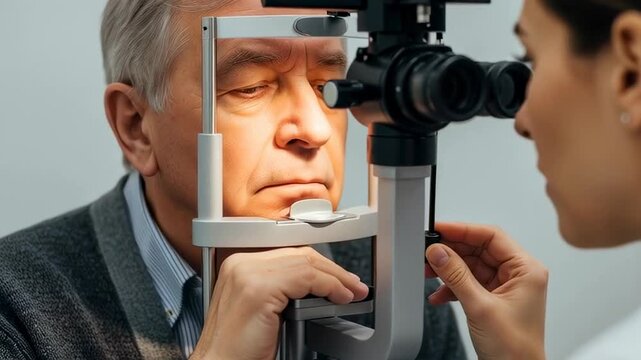 senior man undergoing professional eye examination with slit lamp device during routine vision health check by female optometrist