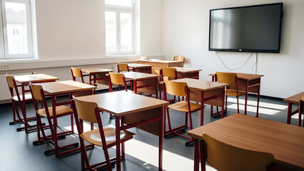Empty classroom with desks and chairs arranged for learning