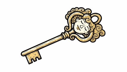 Antique ornate key with a face on the bow.