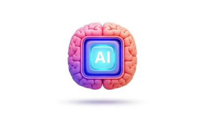 3D colorful brain with AI symbol on white background