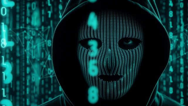 Hooded cybercriminal in digital mask surrounded by glowing binary code digits and abstract futuristic hacking interface background