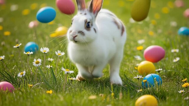 Playful white rabbit on green spring grass surrounded by colorful easter eggs and flowers in a bright outdoor garden setting