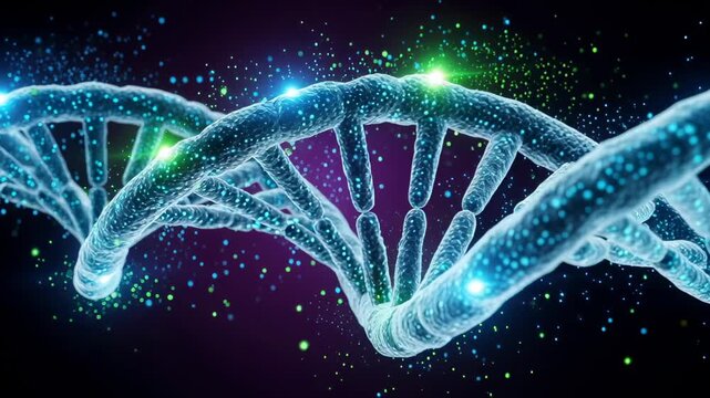 Glowing double helix strands of dna with sparkling particles representing genetic code, molecular biology and futuristic biotechnology