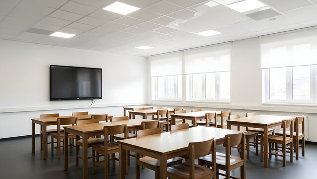 A well lit classroom with wooden desks and chairs arranged in rows