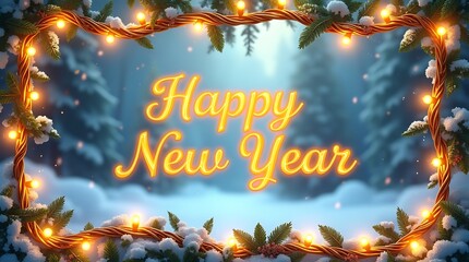 Happy New Year Celebration with Golden Garland Lights and Festive Winter Wonderland Border