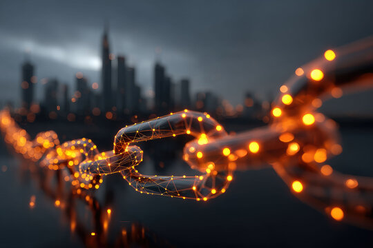 A futuristic digital blockchain with glowing nodes stretches across a blurred modern cityscape at dusk, symbolizing secure financial technology - Powered by Adobe