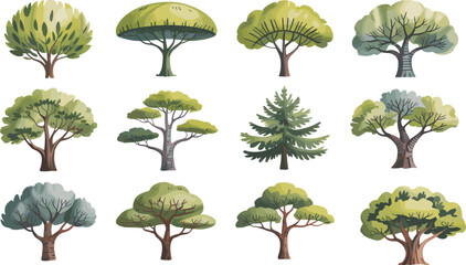 Fototapeta premium Cartoon tree vector set with diverse foliage and trunk styles for nature, landscape, and educational illustration themes.