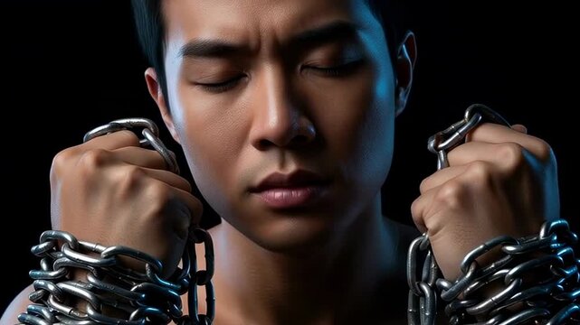 Young man breaking free from heavy metal chains in emotional portrait of strength, resilience, and inner liberation against dark background