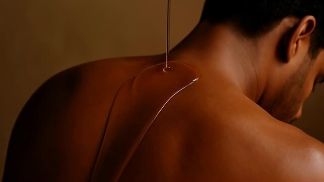 Closeup of warm oil flowing down muscular man's bare back during relaxing therapeutic massage treatment in dim spa ambience