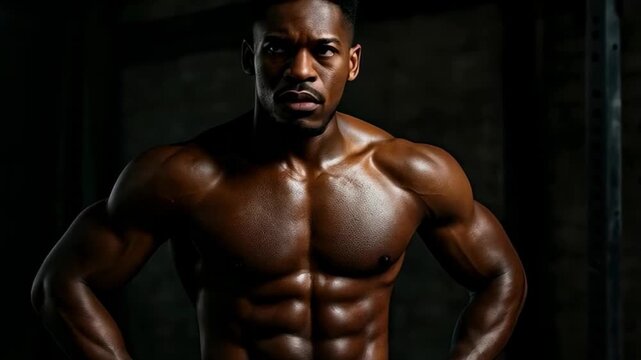 Muscular african american man posing in dark gymnasium, showcasing defined chest, arms, and six pack abs under dramatic lighting