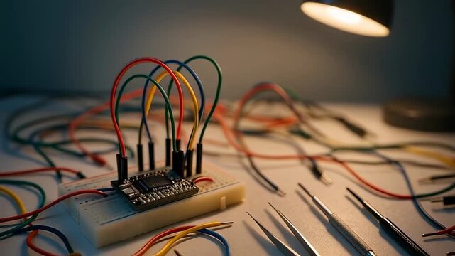 colorful electronic wires connected to a microcontroller board on a workbench under warm desk lamp light in a modern tech workshop