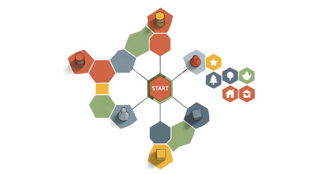 A minimal modern tabletop board game setup, featuring colorful geometric shapes and playing pieces, is rendered as a clean flat 2D vector illustration against a plain white background.