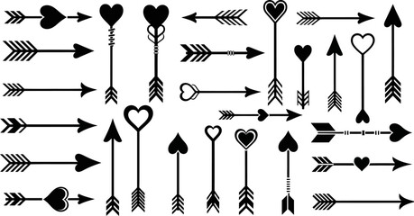 A big collection of black arrows with hearts on white background