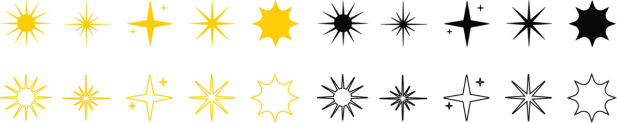Sparkle Starburst Icon Set Shining Light Effect Symbol Collection Featuring Radiant Twinkle, Glow, Shine, Sparkling Star Group in Flat and Line Style for Decorative Graphic Vector Elements