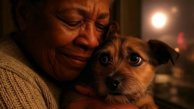 Elderly woman tenderly hugging small dog indoors at night, warm emotional moment of companionship, comfort and unconditional love