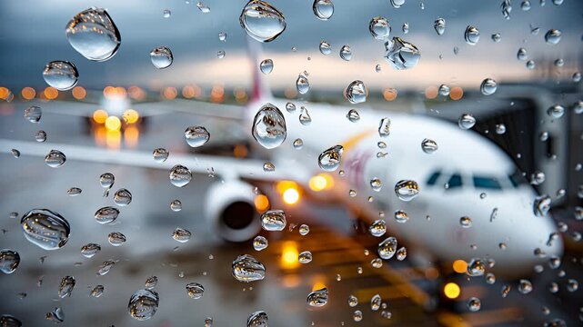 Flugzeug am Flughafen bei Regen hinter nasser Fensterscheibe