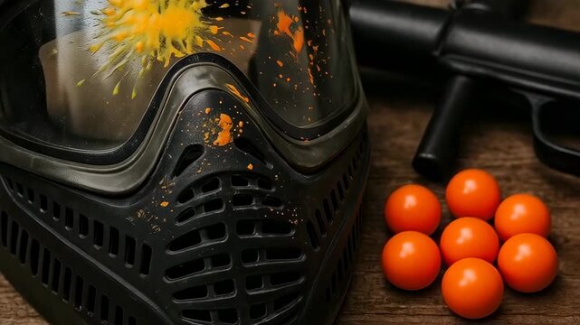 Close up of protective paintball mask with yellow paint splatter beside black marker and orange paintballs on wooden surface