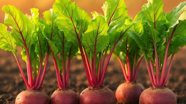 fresh red beetroots with vibrant green leaves growing in rich soil on a sunny farm field during early morning harvest season