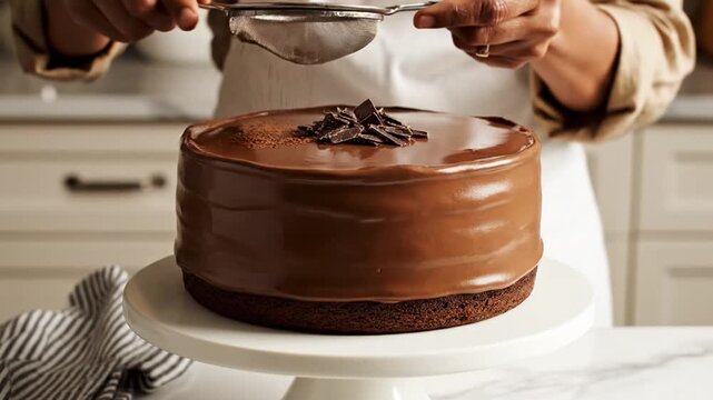 Molten chocolate batter pouring into cake pan close up of food preparation process baking concept recipe