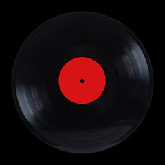 Black oldschool long-play vinyl record with red label isolated on black background front view closeup