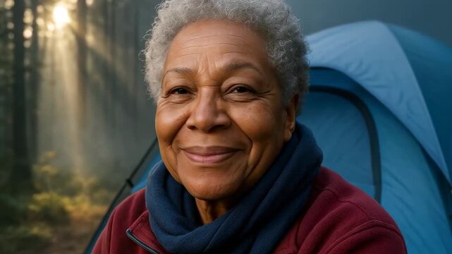 Smiling senior woman relaxing at forest campsite near blue tent with morning sunlight streaming through misty woodland trees
